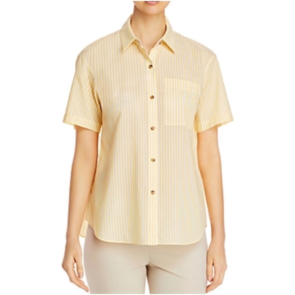 LAFAYETTE 148 Justice Yellow‎ White Stripe Short Sleeve Button Down Shirt X - Picture 1 of 12